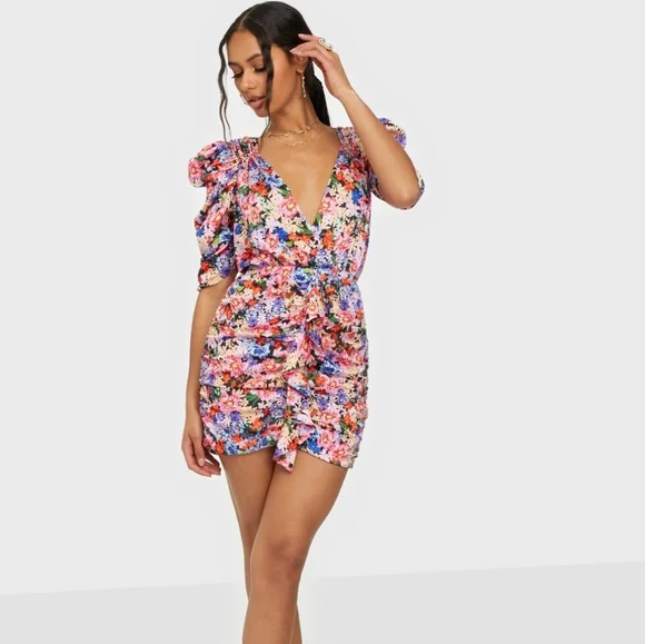for Love & Lemons Bouquet Floral Deep V-neck Ruffle Puff Sleeve Mini Dress Sz M - Picture 2 of 16